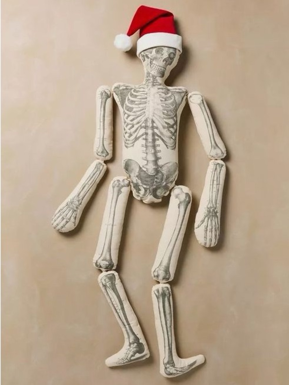 Brand New John Derian Plush Skeleton Pillow with Santa Hat - Cream & Red